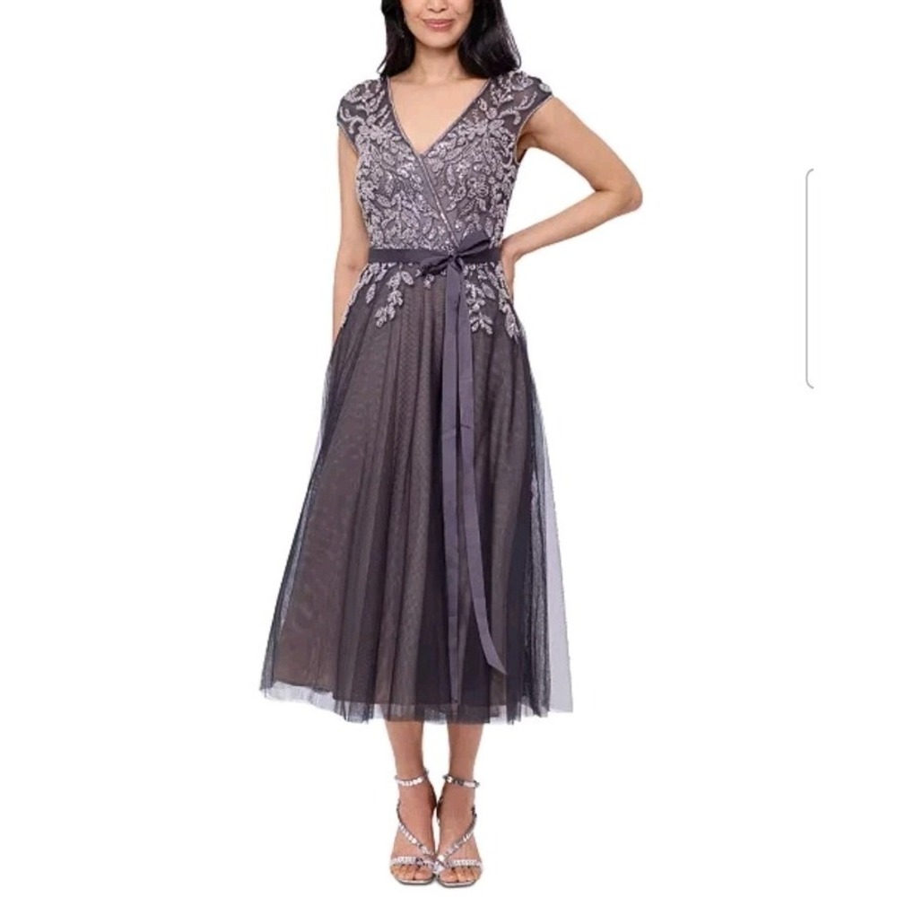 Xscape Womens Gray Chiffon Beaded Evening Dress Gown Size 6